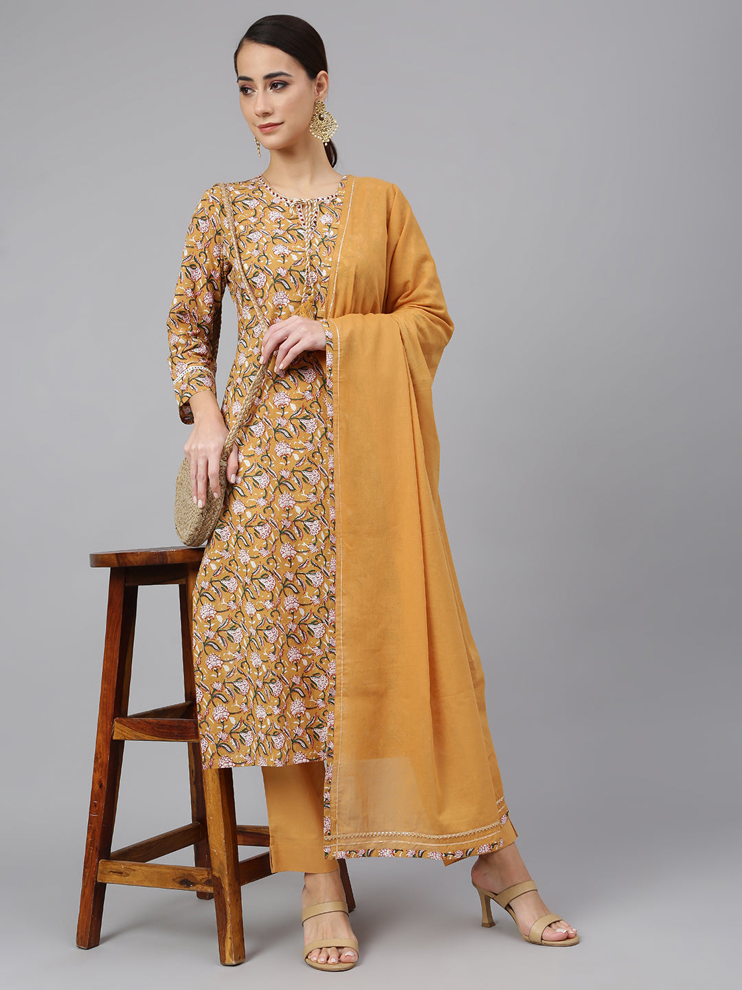 Women's Light Brown Cotton Floral Print Kurta With Pant And Dupatta - Janasya