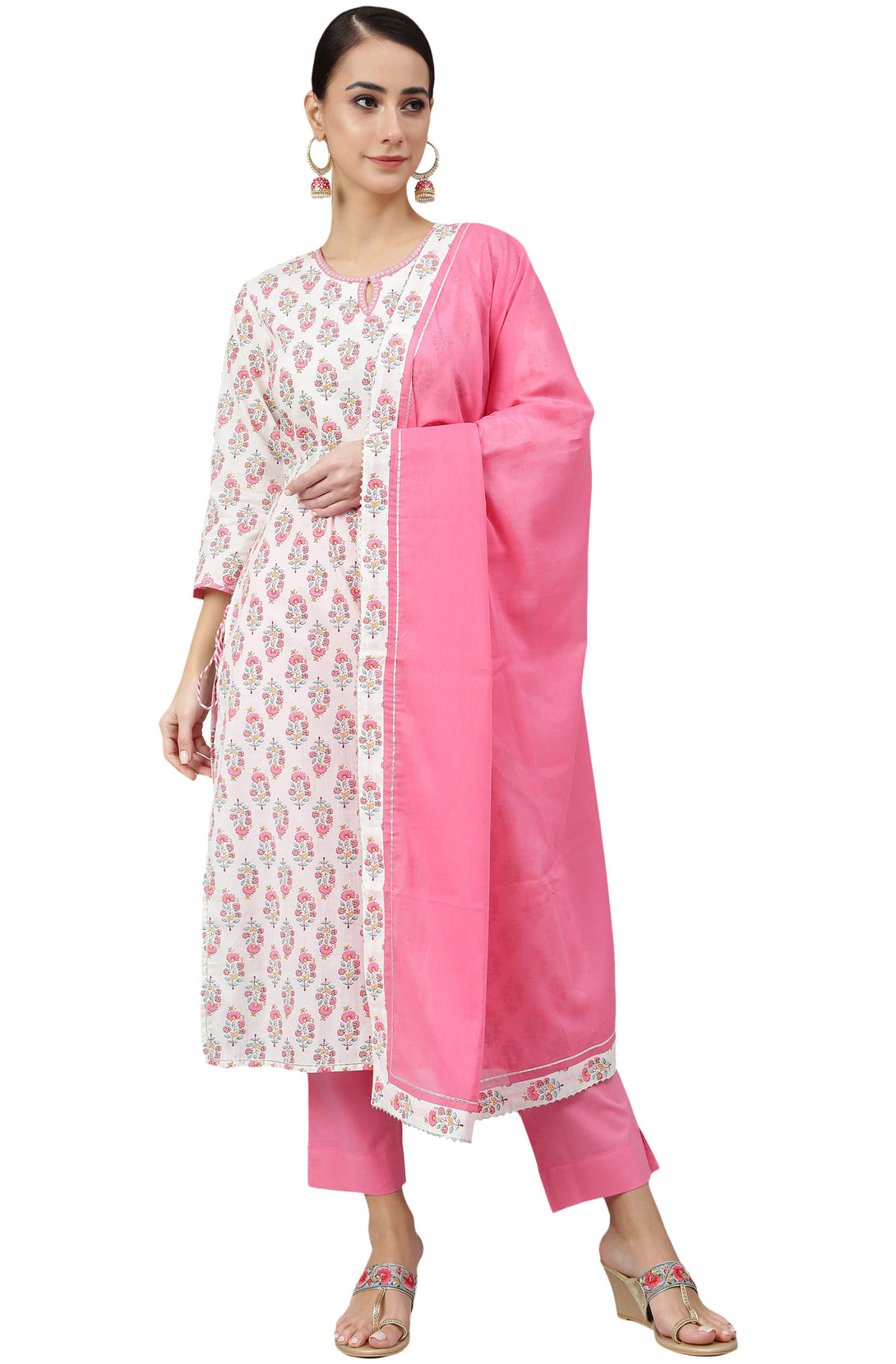 Women's Off White Cotton Floral Print Kurta With Pant And Dupatta - Manohara