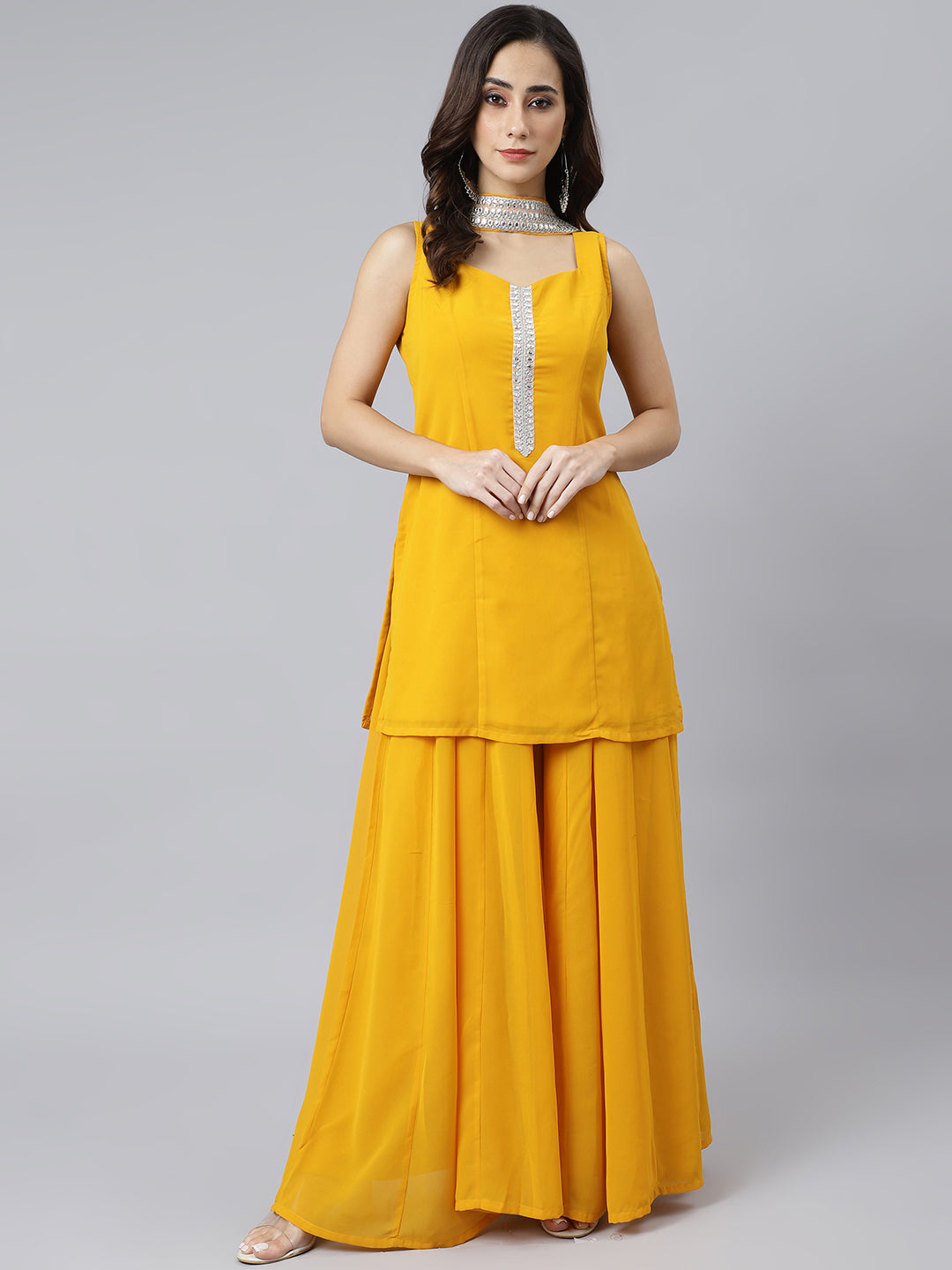 Women's Mustard Georgette Solid Kurta With Kali Palazzo And Dupatta - Janasya