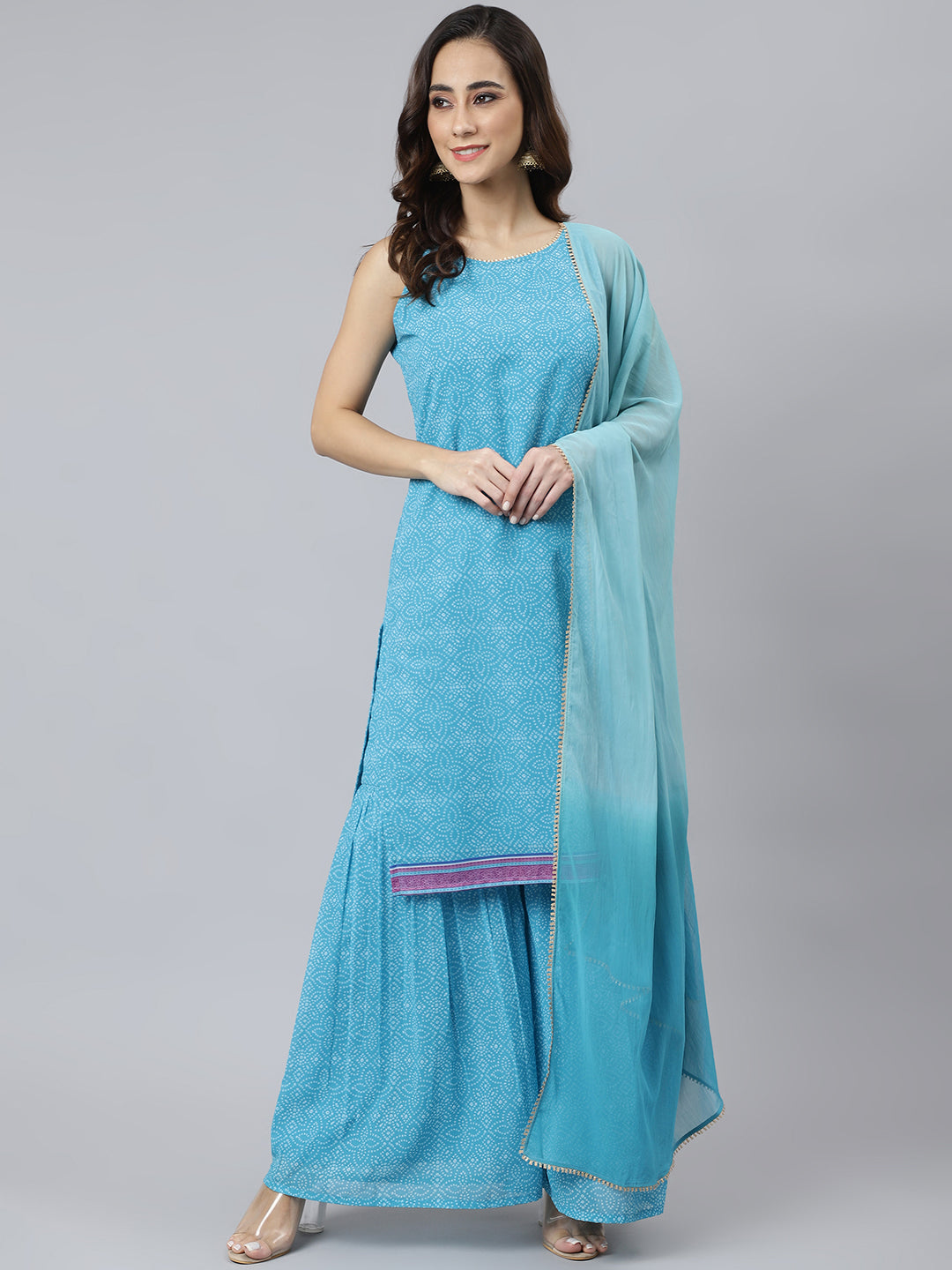 Women's Light Blue Georgette Bandhni Print Kurta With Sharara And Dupatta - Janasya