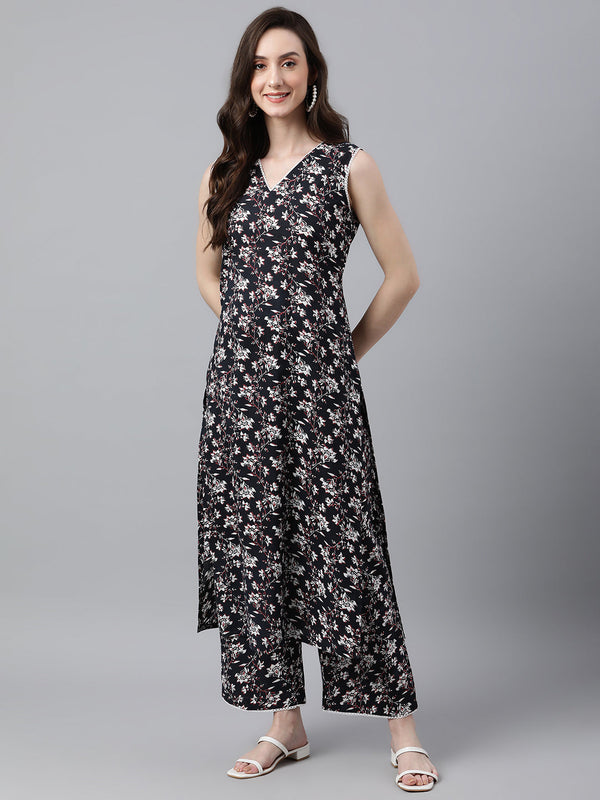 Women's Black Floral Printed Cotton  Kurta Set - Janasya