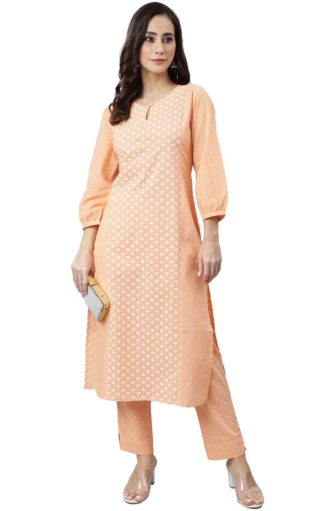 Women's Melon Orange Cotton Khadi Printed Kurta With Pant - Manohara