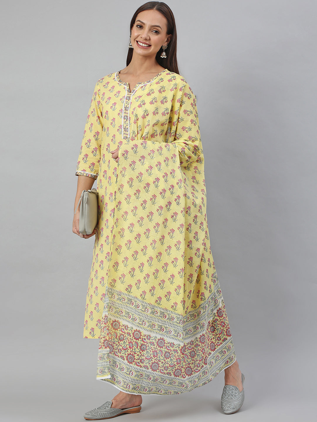 Women's Yellow Cotton Floral Print Kurta With Pant And Dupatta - Janasya