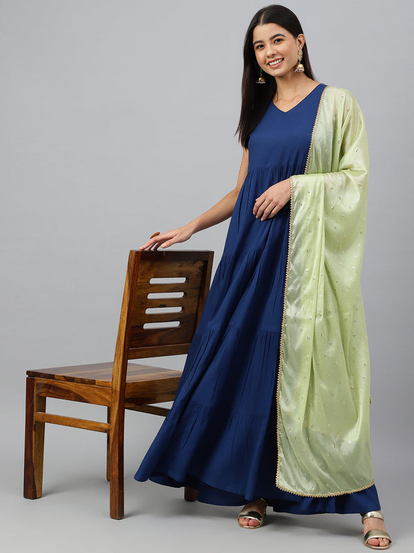 Women's Dark Blue Solid Rayon Anarkali Set - Janasya