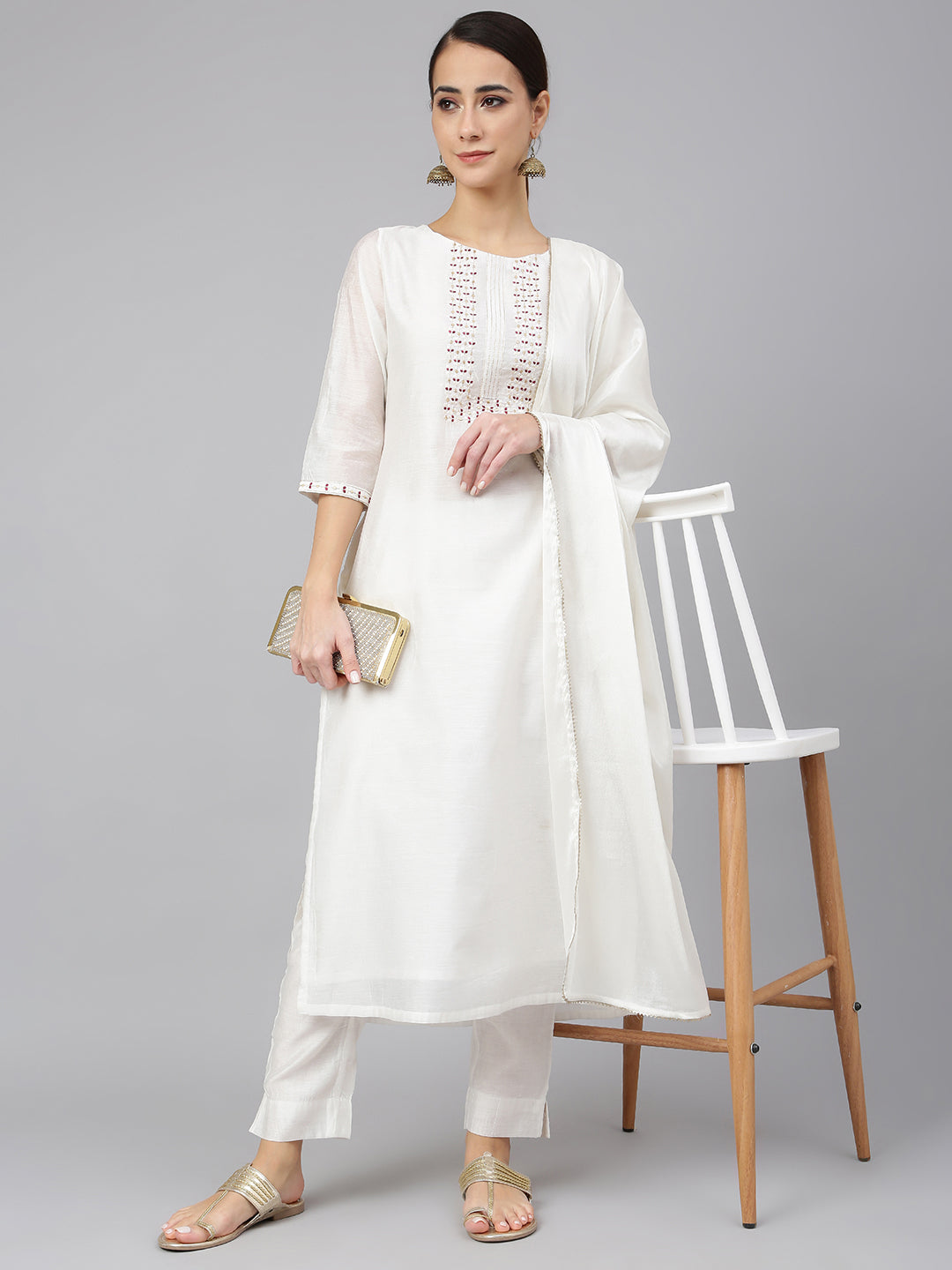 Women's White Poly Silk Solid Kurta With Pant And Dupatta - Janasya