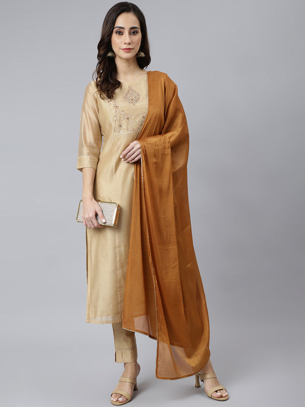 Women's Beige Solid Chanderi Silk  Kurta Set - Janasya