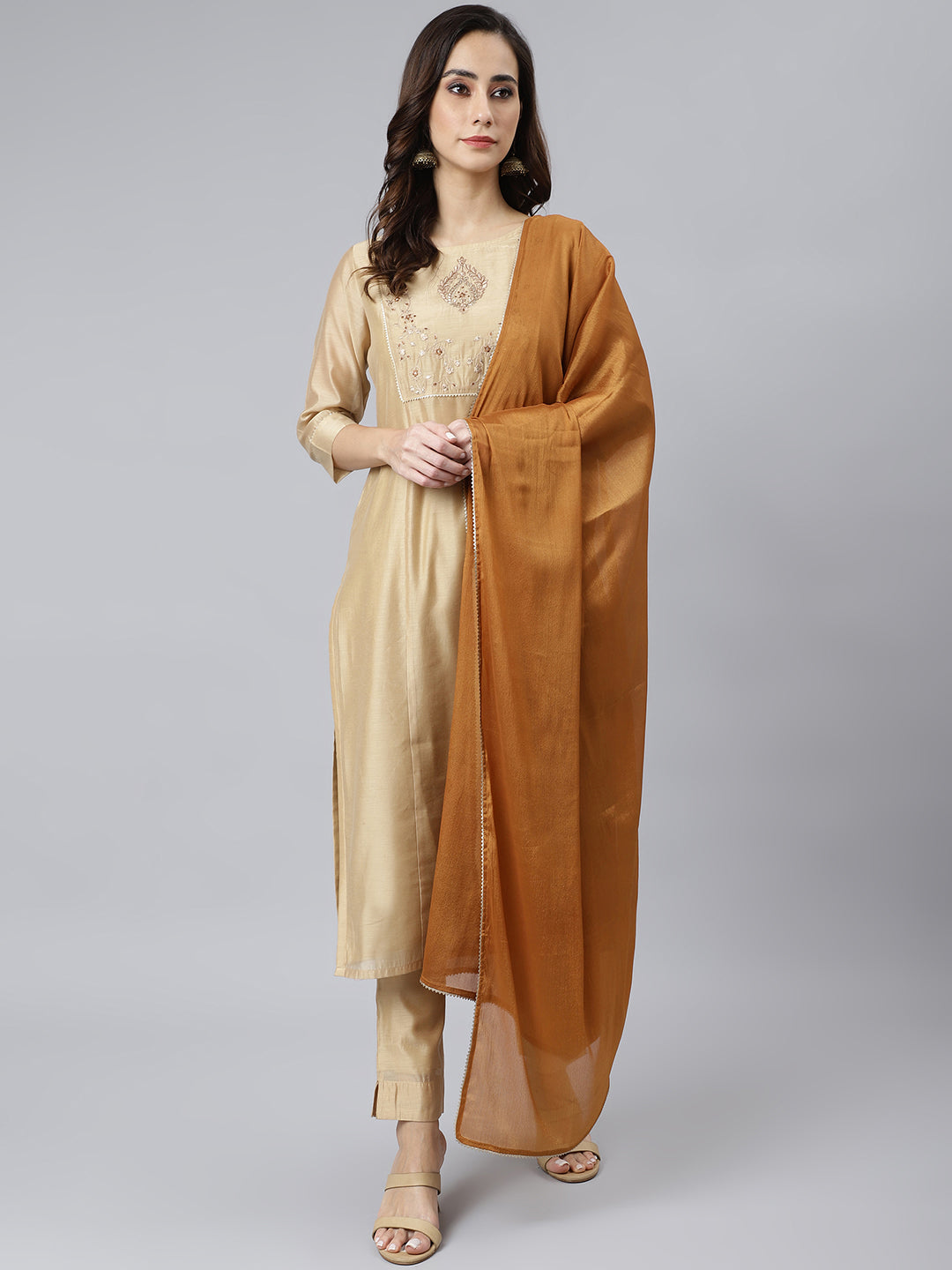 Women's Beige Solid Chanderi Silk  Kurta Set - Janasya