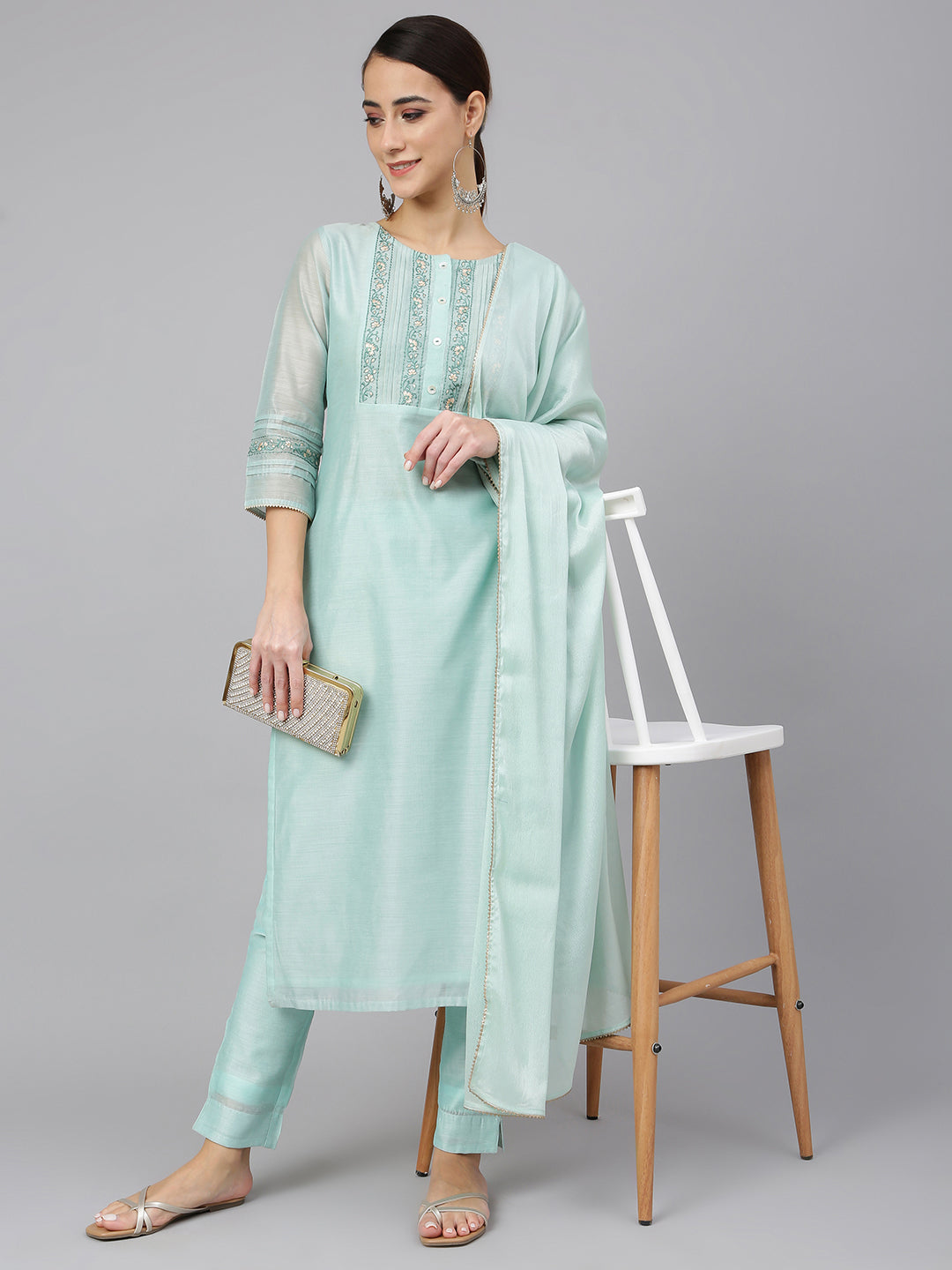 Women's Sea Blue Chanderi Silk Solid Kurta With Pant And Dupatta - Janasya