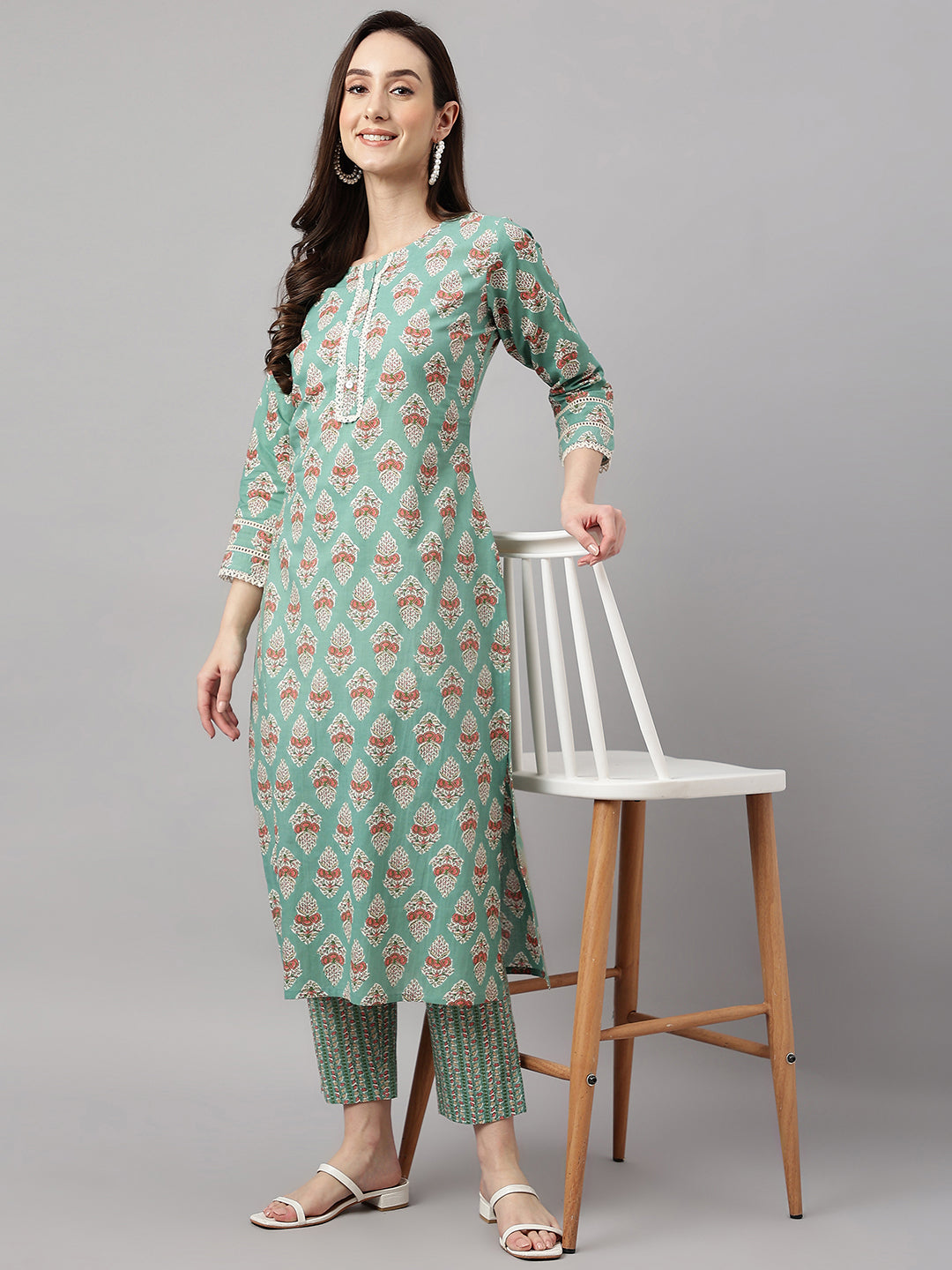 Women's Mint Green Floral Printed Cotton  Kurta Set - Janasya