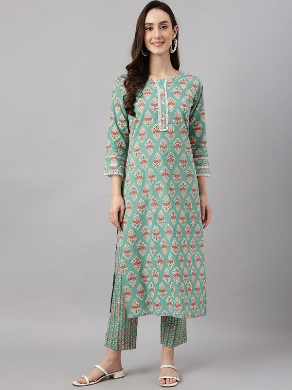 Women's Mint Green Floral Printed Cotton  Kurta Set - Janasya