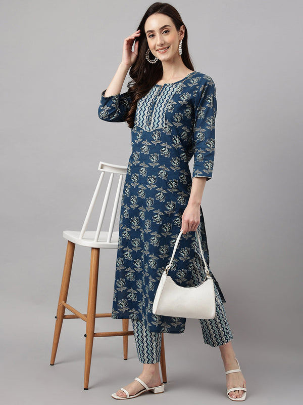 Women's Blue Floral Printed Cotton  Kurta Set - Janasya