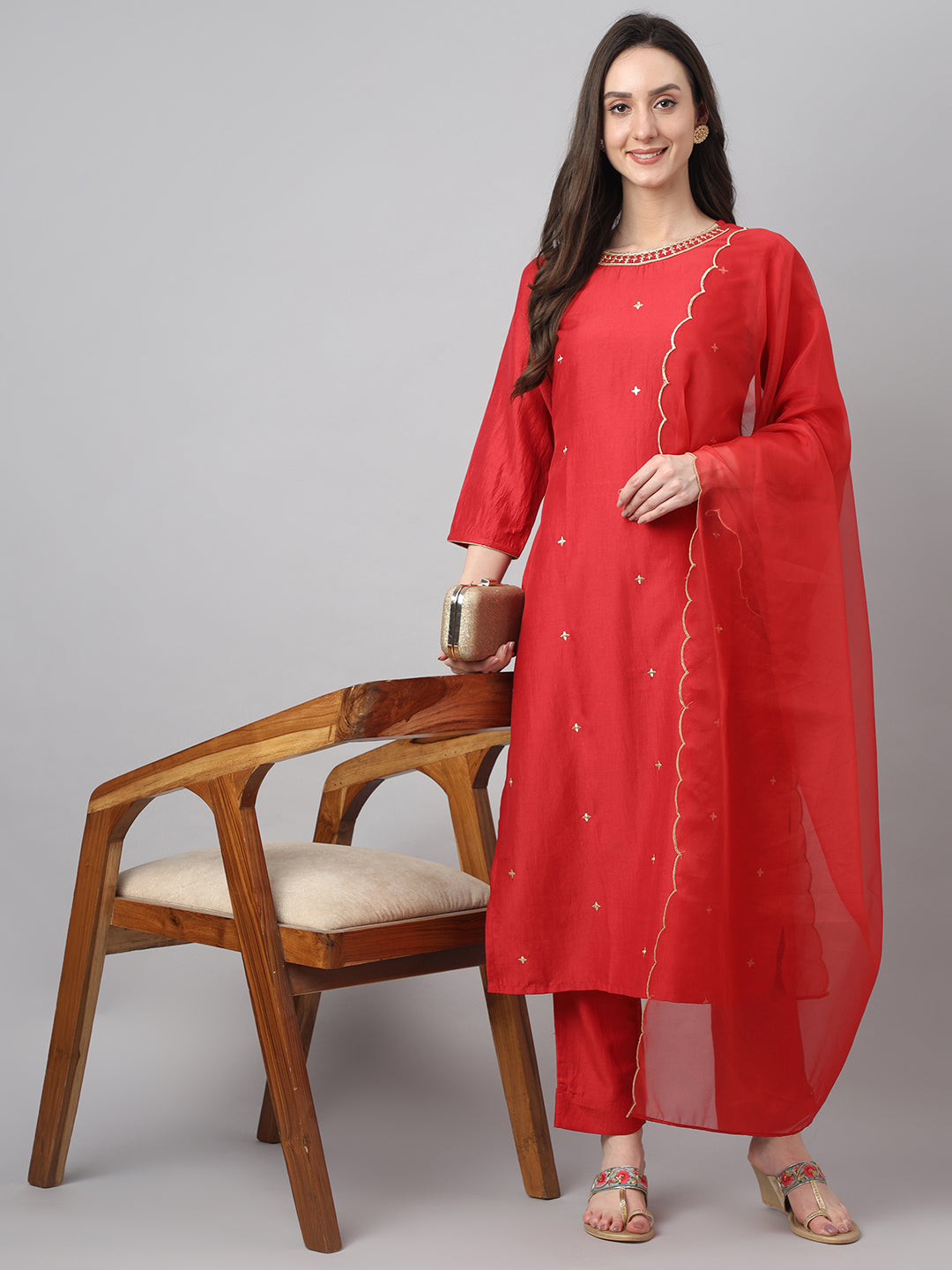 Women's Red Solid Chinon  Kurta Set - Janasya