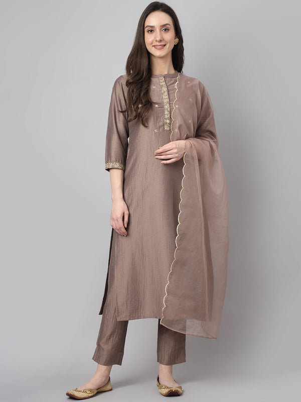 Women's Brown Solid Chinon  Kurta Set - Janasya