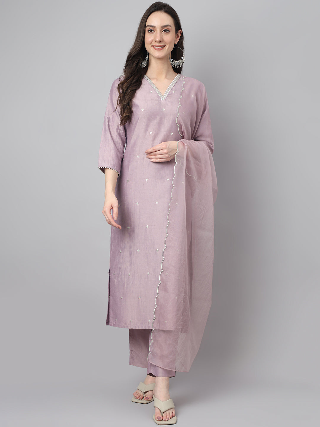 Women's Lavender Solid Chinon  Kurta Set - Janasya