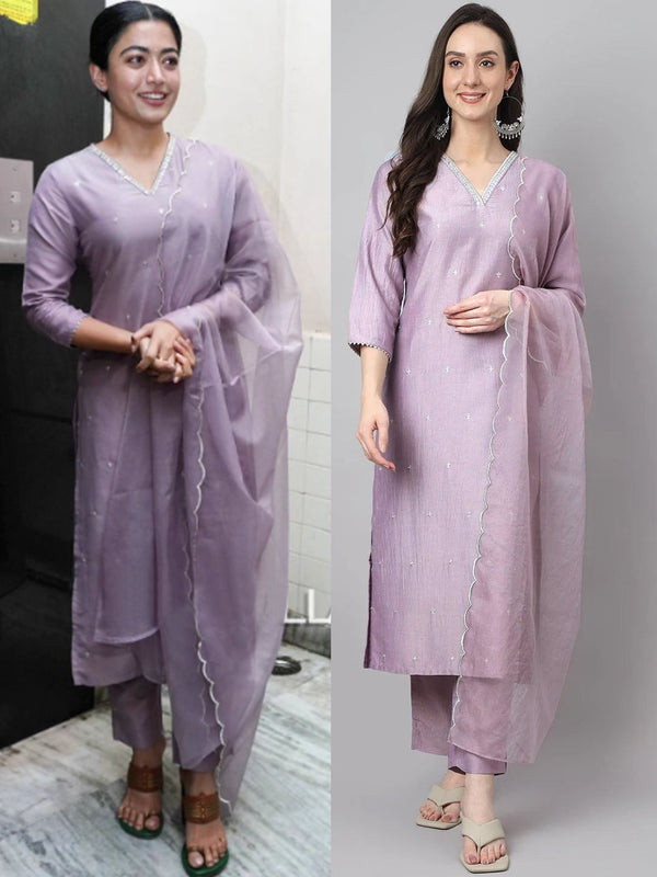 Women's Lavender Solid Chinon  Kurta Set - Janasya