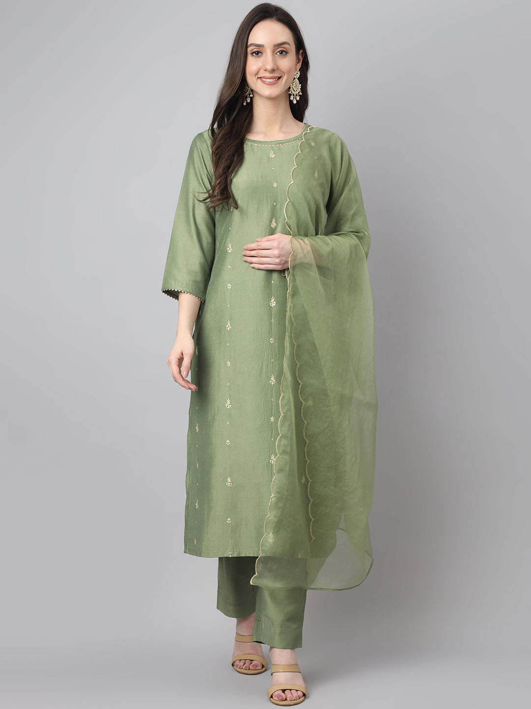 Women's Green Solid Chinon  Kurta Set - Janasya