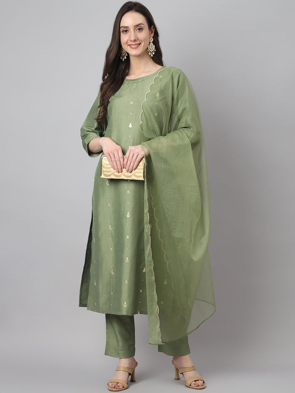 Women's Green Solid Chinon  Kurta Set - Janasya