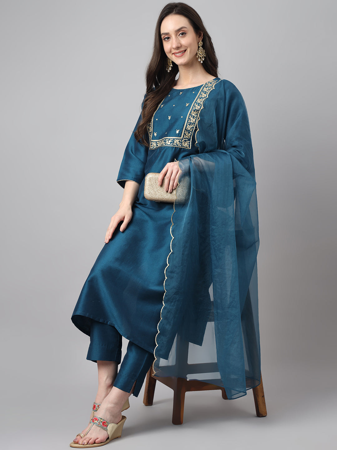 Women's Teal Solid Chinon  Kurta Set - Janasya