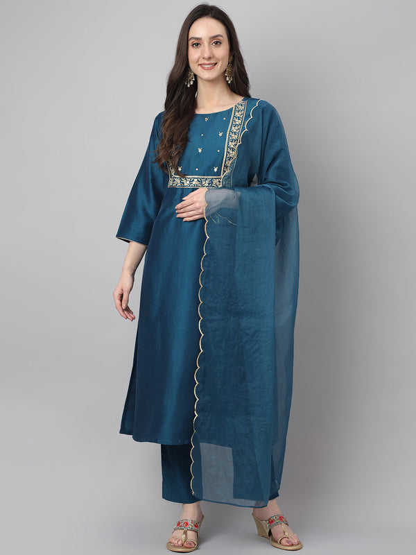 Women's Teal Solid Chinon  Kurta Set - Janasya