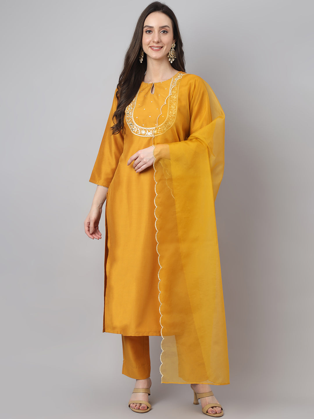 Women's Mustard Solid Chinon  Kurta Set - Janasya