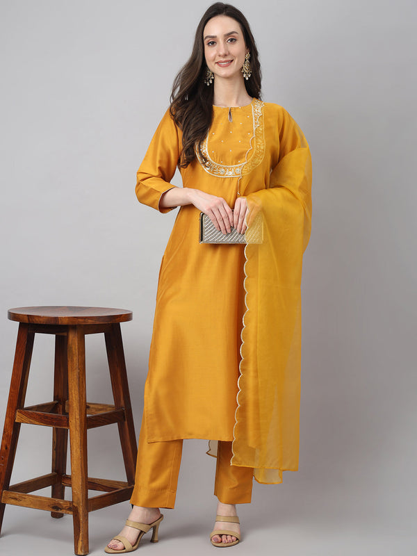 Women's Mustard Solid Chinon  Kurta Set - Janasya