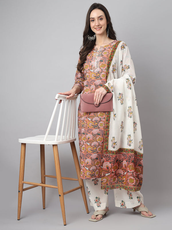 Women's Pink  Floral Printed Cotton  Kurta Set - Janasya