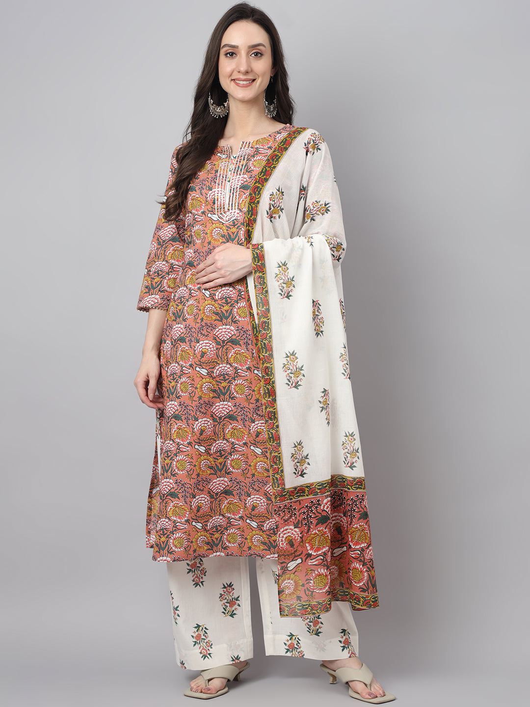 Women's Pink  Floral Printed Cotton  Kurta Set - Janasya