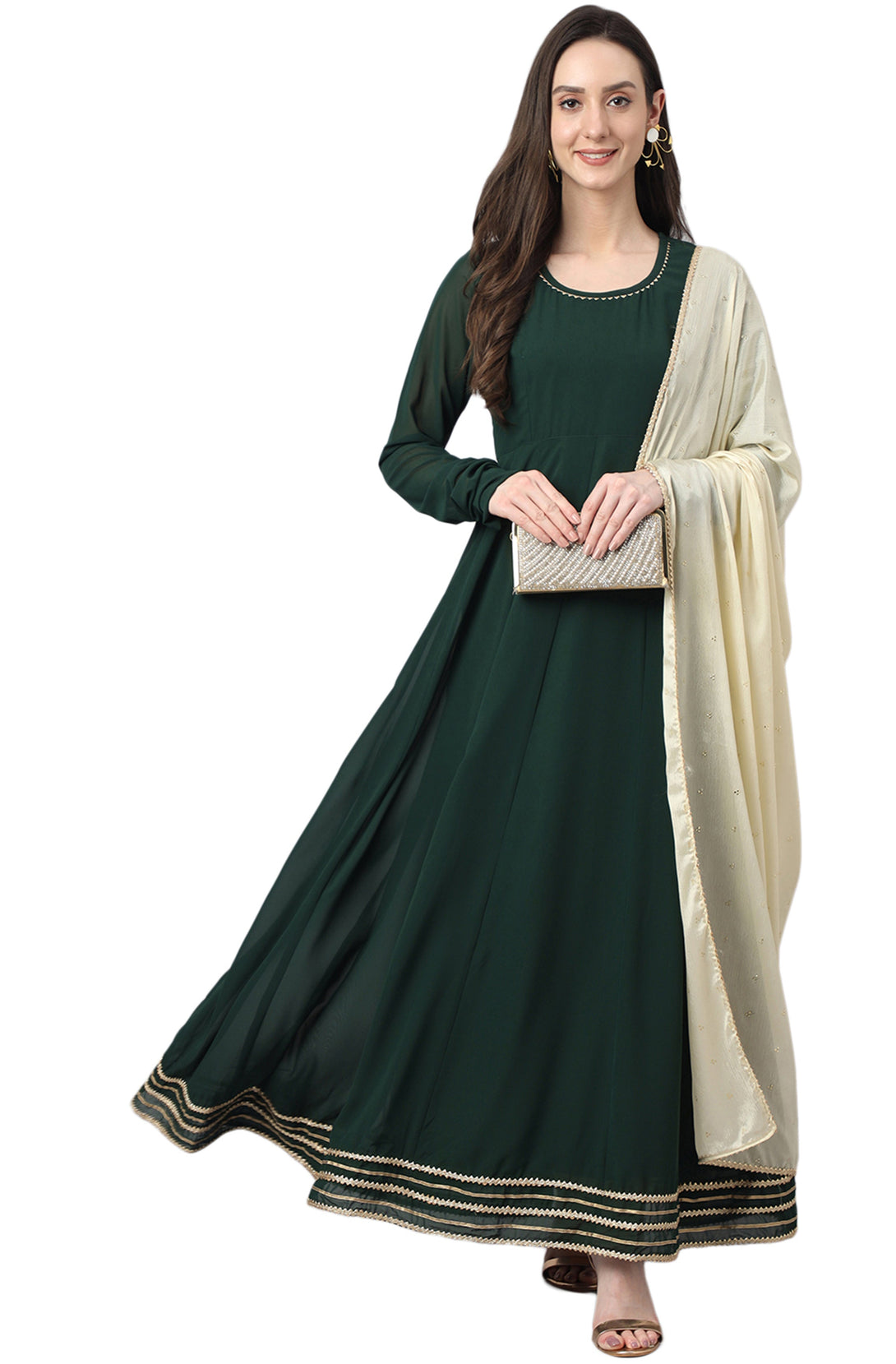 Women's Bottle Green Georgette Solid Kurta With Dupatta - Manohara