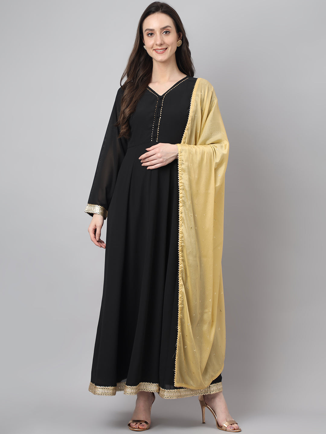 Women's Black Solid Georgette Anarkali Set - Janasya