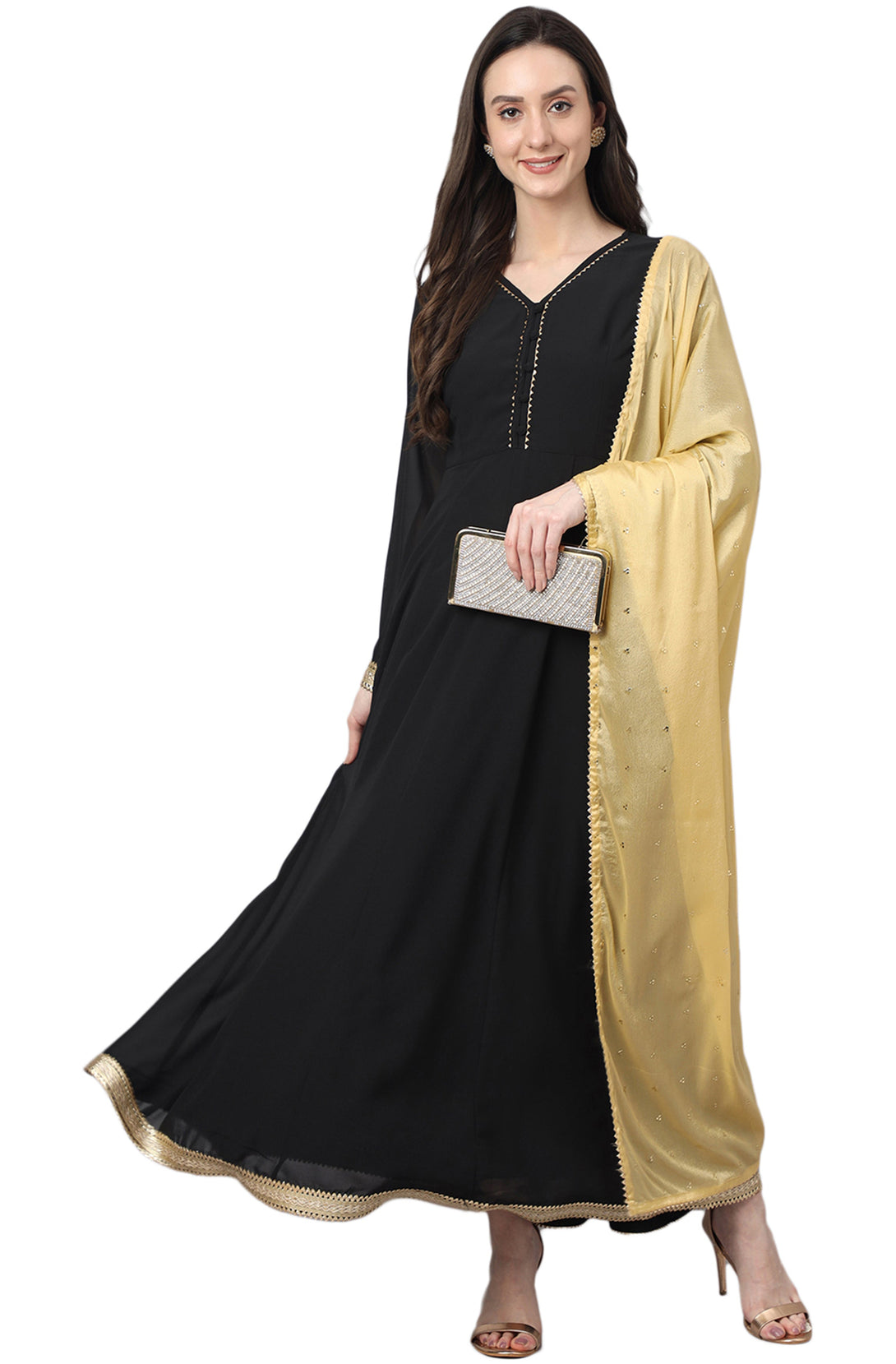 Women's Black Georgette Solid Kurta With Dupatta - Manohara