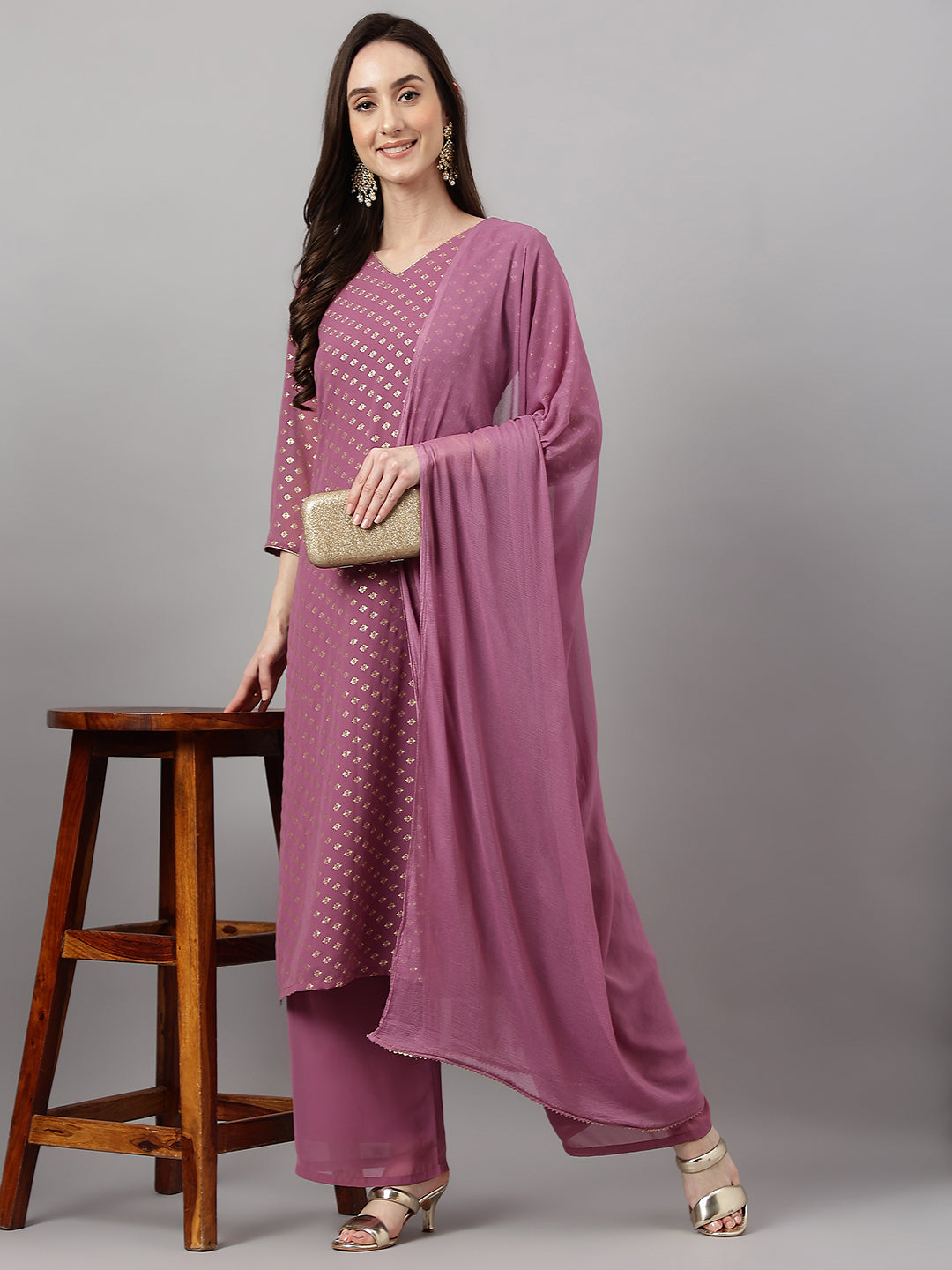 Women's Purple Foil Printed Georgette  Kurta Set - Janasya