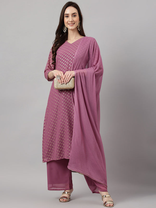 Women's Purple Foil Printed Georgette  Kurta Set - Janasya