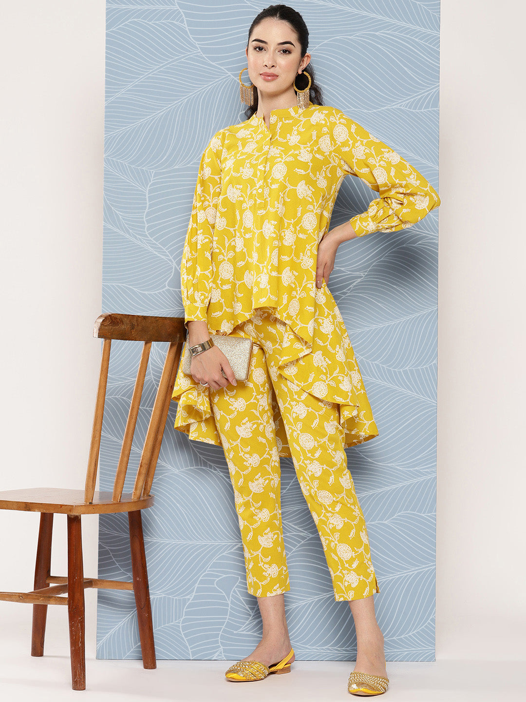 Women's Mustard Floral Printed Cotton Kurta Set - Janasya