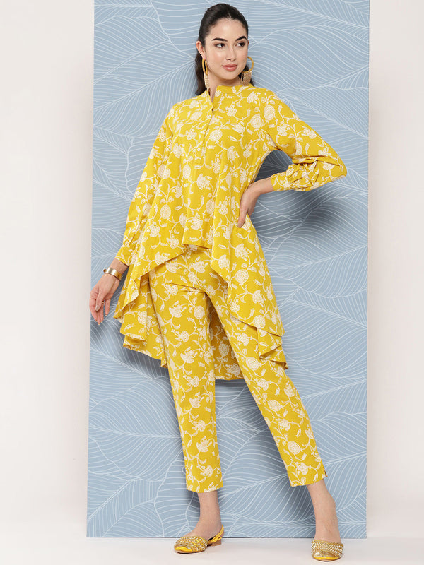 Women's Mustard Floral Printed Cotton Kurta Set - Janasya