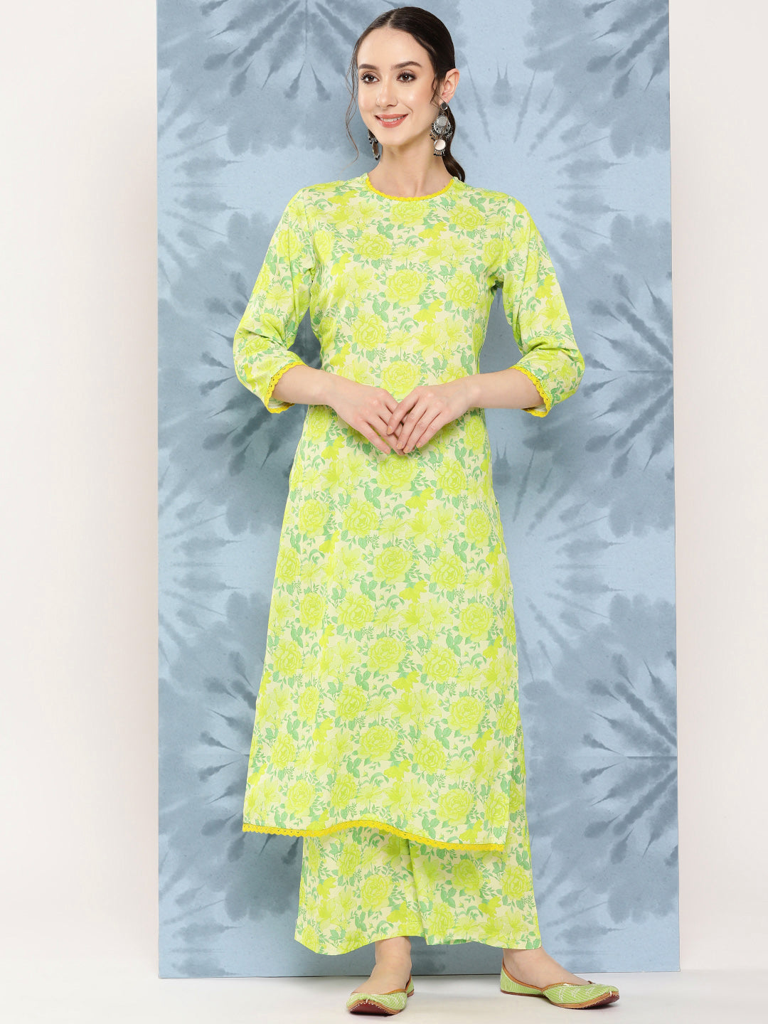 Women's Lemon Green Digital Printed Crepe Kurta Set - Janasya