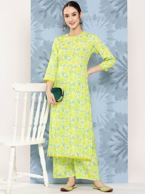 Women's Lemon Green Digital Printed Crepe Kurta Set - Janasya