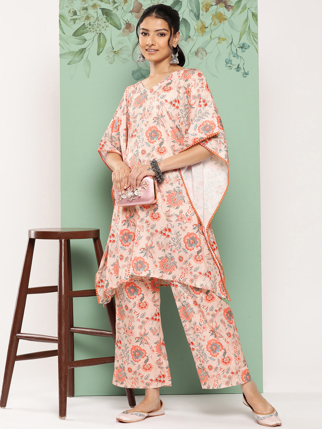 Women's Peach Digital Printed Crepe Kurta Set - Janasya