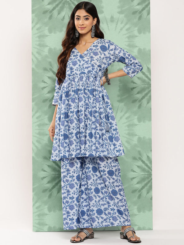 Women's Light Blue Botanical Printed Cotton Kurta Set - Janasya