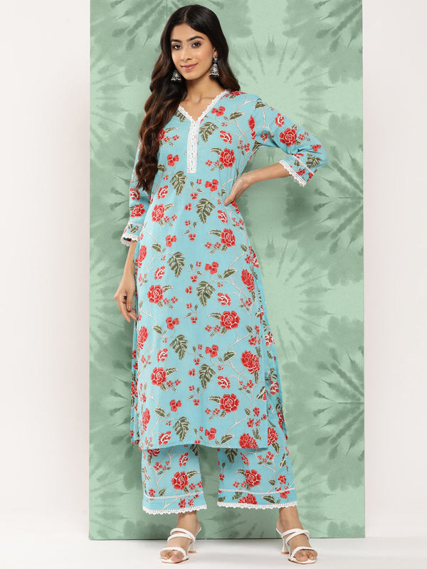 Women's Sky Blue Floral Printed Cotton Kurta Set - Janasya