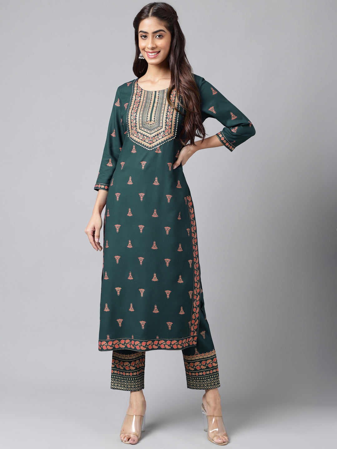 Women's  Teal Green Foil Printed Rayon Kurta Set - Janasya