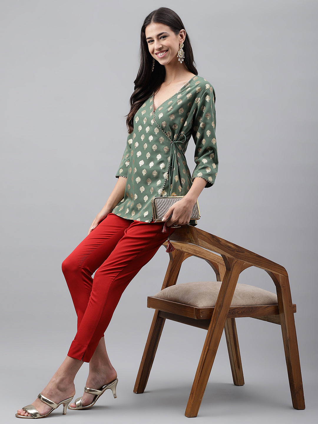 Women's Green Foil Printed Crepe Kurta Set - Janasya