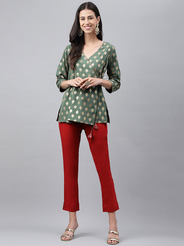 Women's Green Foil Printed Crepe Kurta Set - Janasya