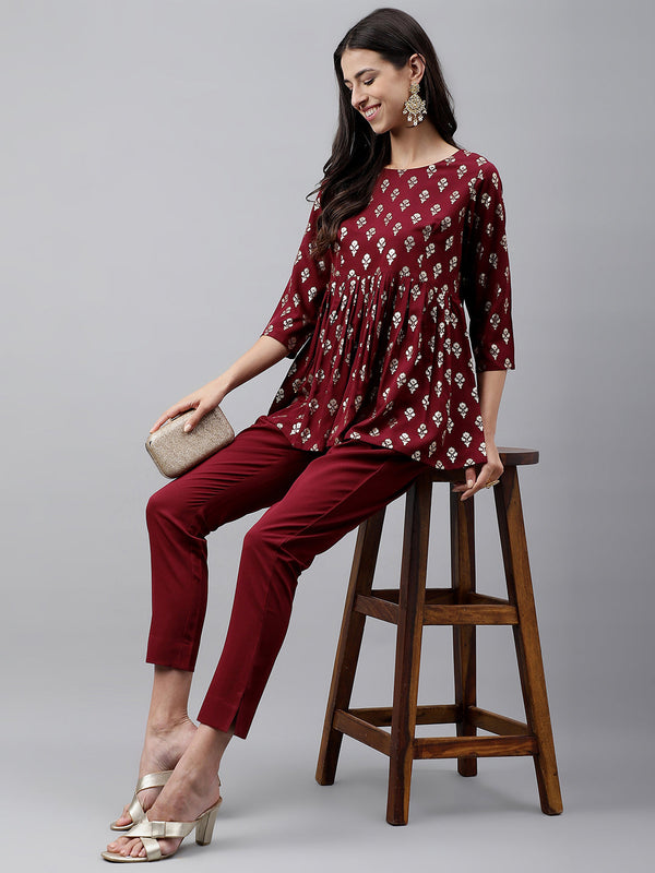 Women's Wine Foil Printed Crepe Kurta Set - Janasya