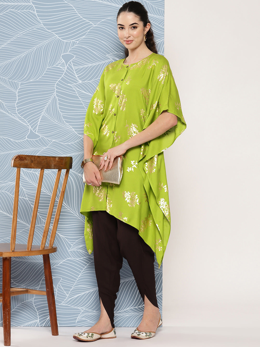 Women's Lime Green Foil Printed Rayon Kurta Set - Janasya