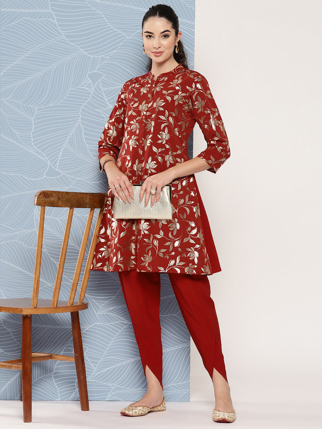 Women's Brick Red Foil Printed Crepe Kurta Set - Janasya