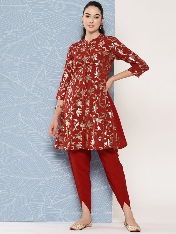 Women's Brick Red Foil Printed Crepe Kurta Set - Janasya