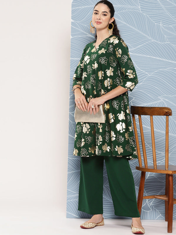 Women's Bottle Green Foil Printed Crepe Kurta Set - Janasya