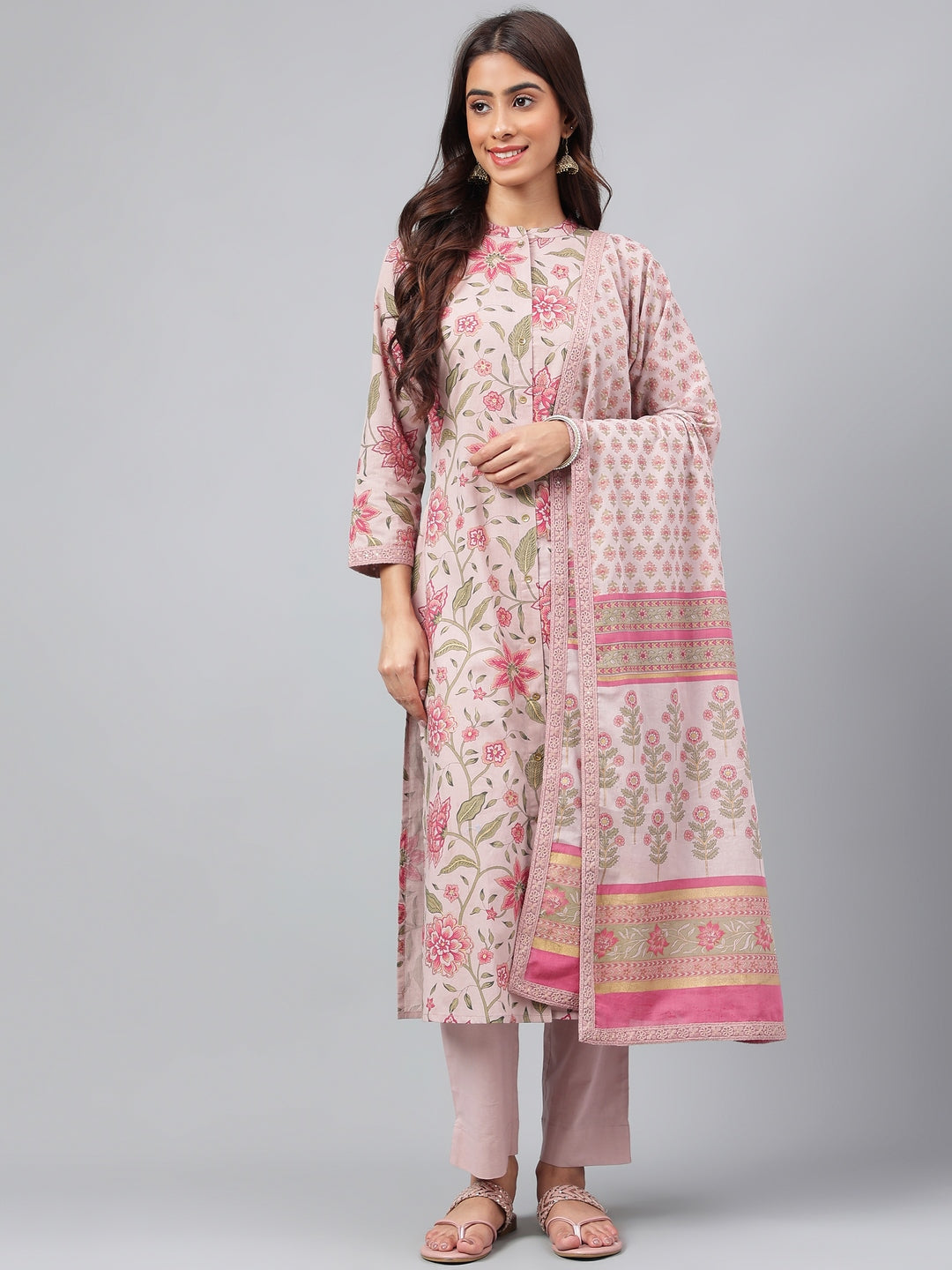 Women's Mauve Floral Printed Cotton Kurta Set - Janasya