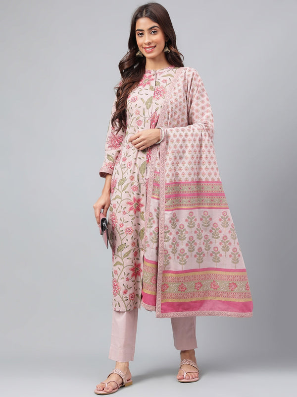 Women's Mauve Floral Printed Cotton Kurta Set - Janasya