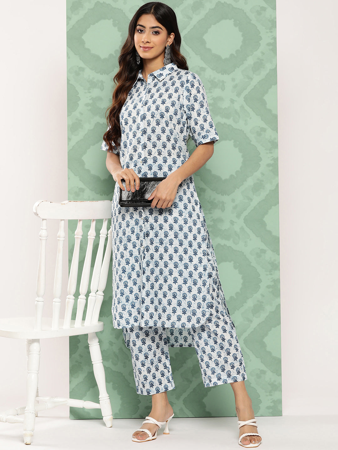 Women's White Floral Printed Cotton Kurta Set - Janasya